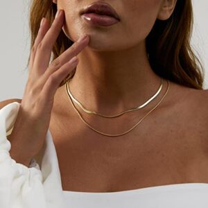 Tasiso 14K Gold Plated Herringbone Choker Necklace Set Double Layer Snake Chain Layered Gold Herringbone Chain Necklace Flat Snake Choker Necklaces for Women 3MM 38CM/1.5MM 42CM