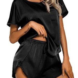 Ekouaer Short Pajamas for Women Silky Sleepwear Set Shorts Satin Nightwear Pyjamas Black M