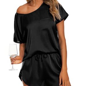 Ekouaer Short Pajamas for Women Silky Sleepwear Set Shorts Satin Nightwear Pyjamas Black M