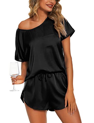 Ekouaer Short Pajamas for Women Silky Sleepwear Set Shorts Satin Nightwear Pyjamas Black M