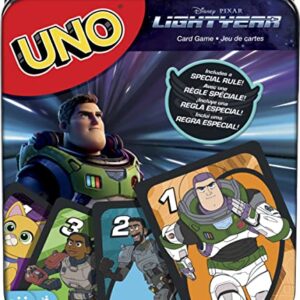 Mattel Games UNO Disney and Pixar Lightyear Card Game, Travel Game with Movie-Themed Deck in Collectible Tin for 2-10 Players