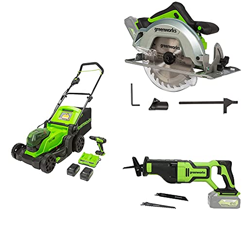 Greenworks 48V 17" Brushless Cordless Lawn Mower + 24V Brushless Drill/Driver + 7-1/4" Circular Saw + 24V Reciprocating Saw, (2) 4.0Ah USB Batteries and Dual Port Rapid Charger Included (2 x 24V)