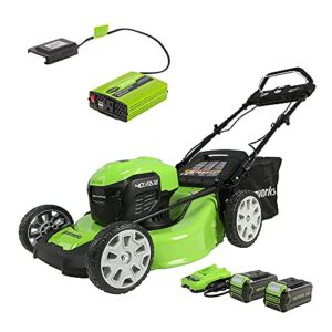 greenworks 40v 21" brushless (smart pace) self-propelled lawn mower, 2 x 4ah usb (power bank) batteries and charger included mo40l4413 + greenworks 40v 300w cordless power inverter iv40a00