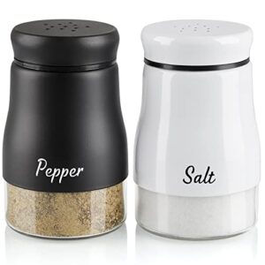 salt and pepper shakers set, bivvclaz 5 ounce stainless steel salt and pepper dispenser with glass bottom, cute salt and pepper shakers for modern home kitchen decor, easy filling