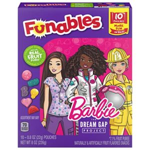 funables fruit snacks, barbie shaped fruit flavored school snacks, pack of 10 0.8 ounce pouches