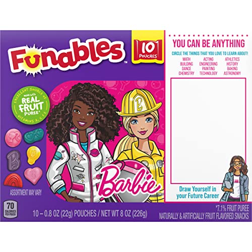 Funables Fruit Snacks, Barbie Shaped Fruit Flavored School Snacks, Pack of 10 0.8 ounce Pouches