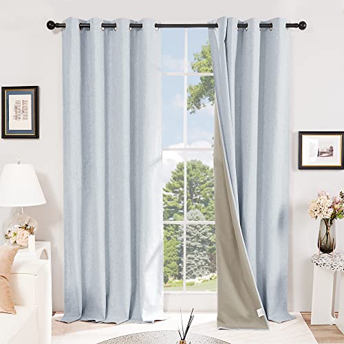 Deconovo Faux Linen Total Blackout Curtains 63 Inches Length, Light Blue, Grommet Thermal Insulated Curtain, Noise Reduction Draperies for Bedroom Living Room, 52" W x 63" L, 1 Pair