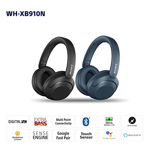 Sony WH-XB910N Extra BASS Noise Cancelling Headphones, Wireless Bluetooth Over The Ear Headset with Microphone and Alexa Voice Control, Blue (Amazon Exclusive)