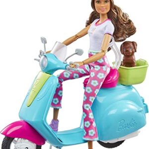 Barbie Fashionistas Doll and Scooter, Travel Playset with Stickers, Pet Puppy and Themed Accessories like Map and Camera (Amazon Exclusive)