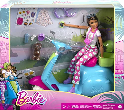 Barbie Fashionistas Doll and Scooter, Travel Playset with Stickers, Pet Puppy and Themed Accessories like Map and Camera (Amazon Exclusive)