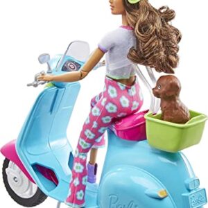 Barbie Fashionistas Doll and Scooter, Travel Playset with Stickers, Pet Puppy and Themed Accessories like Map and Camera (Amazon Exclusive)