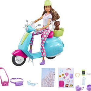 Barbie Fashionistas Doll and Scooter, Travel Playset with Stickers, Pet Puppy and Themed Accessories like Map and Camera (Amazon Exclusive)