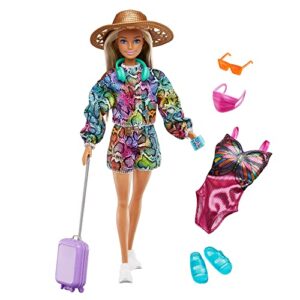 barbie doll & accessories, holiday fun summer travel doll with rainbow jogger top and shorts, swimsuit, luggage and more