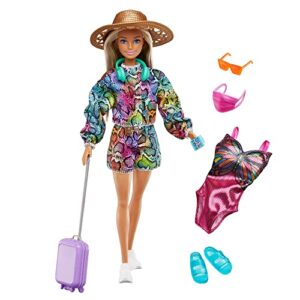 Barbie Doll & Accessories, Holiday Fun Summer Travel Doll with Rainbow Jogger Top and Shorts, Swimsuit, Luggage and More