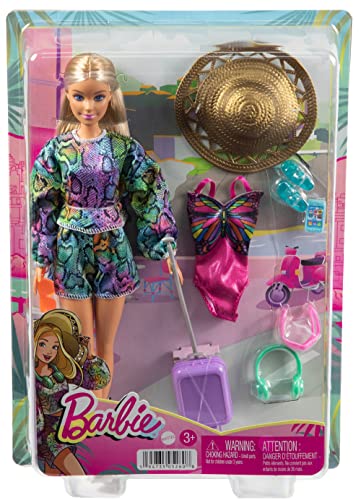 Barbie Doll & Accessories, Holiday Fun Summer Travel Doll with Rainbow Jogger Top and Shorts, Swimsuit, Luggage and More