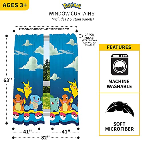 Franco Kids Room Window Curtain Panels Drapes Set, 82 in x 63 in, Pokemon, Multicolour