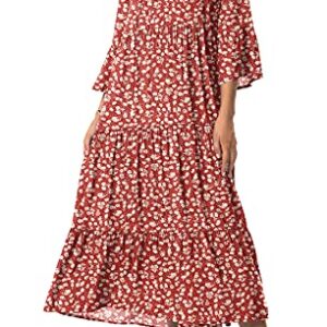 VIISHOW Women's Bohemian Midi Dress 3/4 Sleeve Floral Print Front Tie Neck Ruffle Hem Long Casual Dress(Flower Red,X-Large)