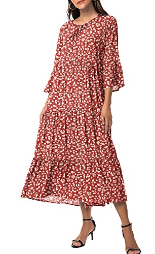 VIISHOW Women's Bohemian Midi Dress 3/4 Sleeve Floral Print Front Tie Neck Ruffle Hem Long Casual Dress(Flower Red,X-Large)