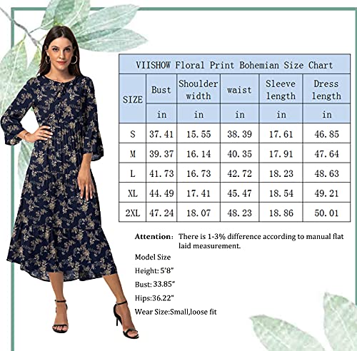 VIISHOW Women's Bohemian Midi Dress 3/4 Sleeve Floral Print Front Tie Neck Ruffle Hem Long Casual Dress(Flower Red,X-Large)