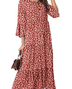 VIISHOW Women's Bohemian Midi Dress 3/4 Sleeve Floral Print Front Tie Neck Ruffle Hem Long Casual Dress(Flower Red,X-Large)