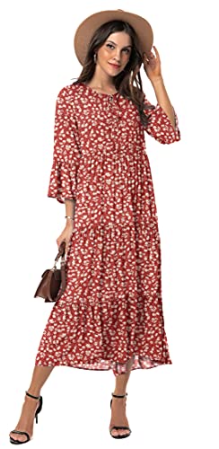 VIISHOW Women's Bohemian Midi Dress 3/4 Sleeve Floral Print Front Tie Neck Ruffle Hem Long Casual Dress(Flower Red,X-Large)