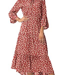 VIISHOW Women's Bohemian Midi Dress 3/4 Sleeve Floral Print Front Tie Neck Ruffle Hem Long Casual Dress(Flower Red,X-Large)