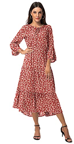 VIISHOW Women's Bohemian Midi Dress 3/4 Sleeve Floral Print Front Tie Neck Ruffle Hem Long Casual Dress(Flower Red,X-Large)