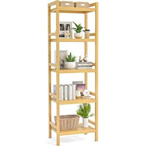 homykic bamboo bookshelf, 5-tier narrow 55.9” adjustable book shelf bookcase bathroom shelves freestanding storage stand for living room, bedroom, kitchen, rust resistance, easy assembly, natural