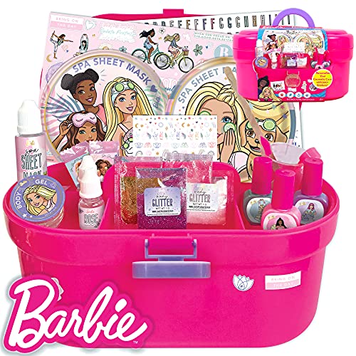 Barbie Cosmetic Case by Horizon Group USA, DIY Beauty Kit for an at-Home Spa Day, Create Your Own Face Sheet Masks, Nail Art & Body Glitter, Includes Reusable Storage Case with Removable Tray