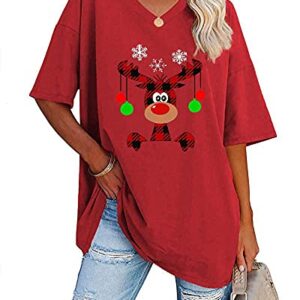 Women's Christmas Buffalo Plaid Reindeer Print Oversized T Shirts V Neck Tees Half Sleeve Merry Christmas Tunic