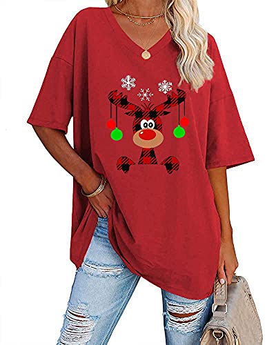 Women's Christmas Buffalo Plaid Reindeer Print Oversized T Shirts V Neck Tees Half Sleeve Merry Christmas Tunic