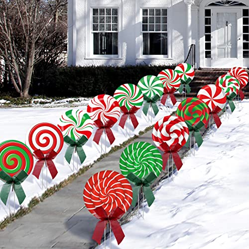 Christmas Outdoor Yard Signs Peppermint Corrugated Yard Decorations with Stakes and Bow Xmas Yard Decorations Candy Garden Sign Waterproof Cardboard Lawn Signs for Pathway Walkway Decor (15)