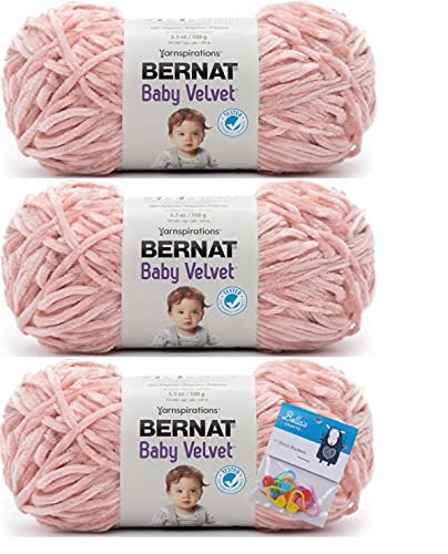 Bernat Baby Yarn Velvet Yarn - 3.5 Oz, Restful Rose - 3 Pack Bundle with Bella's Crafts Stitch Markers