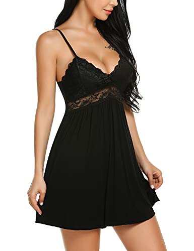 Ababoon Womens Lingerie Lace Teddy Babydoll Sexy V neck Chemise Nightgowns for Women Soft Nighies Black M