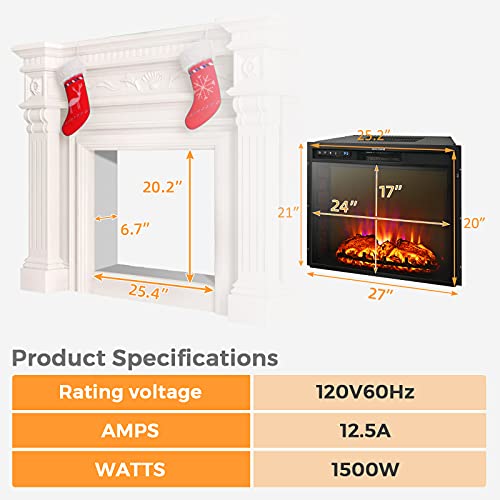 COSTWAY 26-Inch Electric Fireplace Inserts, 750W/1500W Wall Recessed and Freestanding Fireplace with Remote Control, 2 Flame Colors, 4 Brightness Settings, 5H Timer, Fireplace Heater for Indoor Use