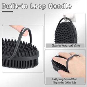 FREATECH Exfoliating Silicone Body Scrubber with Built-in Loop Handle, Dual-sided Bath Shower Body Brush for Deep Cleansing and Massage, Easy to Hold and Hang, Hygienic and Long-lasting, Black