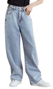 sangtree girls wide leg jeans elastic waist denim pants baggy jeans for girls, light blue, 13-14 years = tag 170