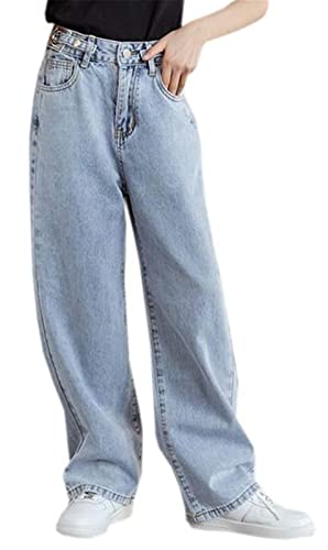 SANGTREE Girls Wide Leg Jeans Elastic Waist Denim Pants Baggy Jeans for Girls, Light Blue, 13-14 Years = Tag 170