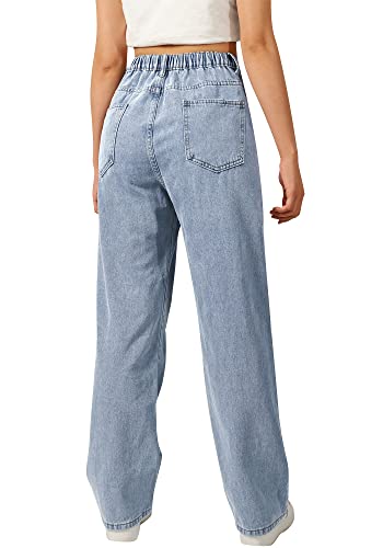 SANGTREE Girls Wide Leg Jeans Elastic Waist Denim Pants Baggy Jeans for Girls, Light Blue, 13-14 Years = Tag 170