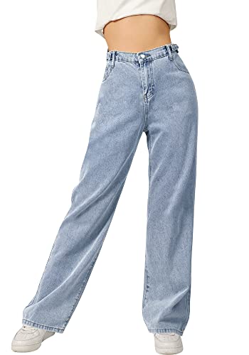 SANGTREE Girls Wide Leg Jeans Elastic Waist Denim Pants Baggy Jeans for Girls, Light Blue, 13-14 Years = Tag 170