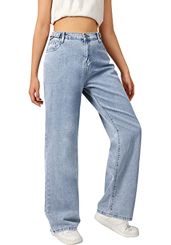 SANGTREE Girls Wide Leg Jeans Elastic Waist Denim Pants Baggy Jeans for Girls, Light Blue, 13-14 Years = Tag 170