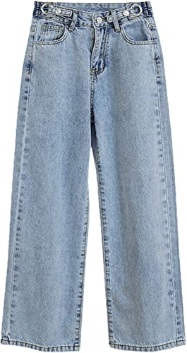 SANGTREE Girls Wide Leg Jeans Elastic Waist Denim Pants Baggy Jeans for Girls, Light Blue, 13-14 Years = Tag 170