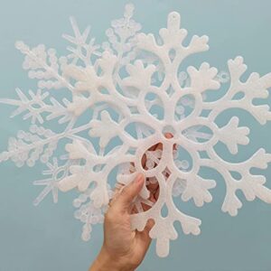 6pcs Large White Snowflakes Ornaments 12” Big Plastic Glitter Snowflake for Winter Indoor Outdoor Christmas Tree Window Room Decorations Giant Craft Snowflakes