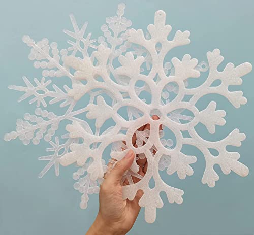 6pcs Large White Snowflakes Ornaments 12” Big Plastic Glitter Snowflake for Winter Indoor Outdoor Christmas Tree Window Room Decorations Giant Craft Snowflakes