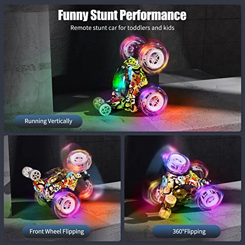 Kizeefun RC Stunt Car Invincible 360°Rolling Twister with Colorful Lights & Music Switch, Rechargeable Remote Control Car for Boys and Girls