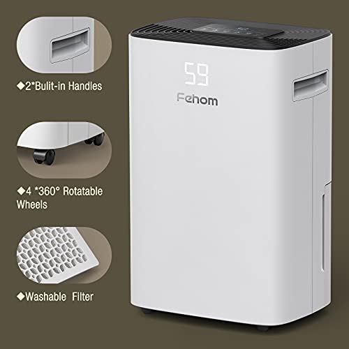 Fehom 4500 Sq. Ft Dehumidifier with Drain Hose - Ideal for Bedrooms, Basements, Bathrooms, and Laundry Rooms - with Digital Control Panel, 24 Hr Timer, and Front Humidity Display