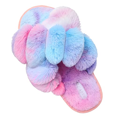 JIASUQI Fur Slides House Slippers for Women Fuzzy Sandals Furry Slides Plush Slippers Soft Flat for Indoor Outdoor Twist Colorful 8-9