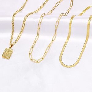 Memgift 3pcs Gold Layering Necklace Set Dainty Trendy Paperclip Snake Choker Gold Filled Stainless Steel Figaro Chain Layered Necklaces Jewelry Gifts Square Pendant Letter A