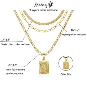 Memgift 3pcs Gold Layering Necklace Set Dainty Trendy Paperclip Snake Choker Gold Filled Stainless Steel Figaro Chain Layered Necklaces Jewelry Gifts Square Pendant Letter A