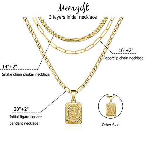 Memgift 3pcs Gold Layering Necklace Set Dainty Trendy Paperclip Snake Choker Gold Filled Stainless Steel Figaro Chain Layered Necklaces Jewelry Gifts Square Pendant Letter A